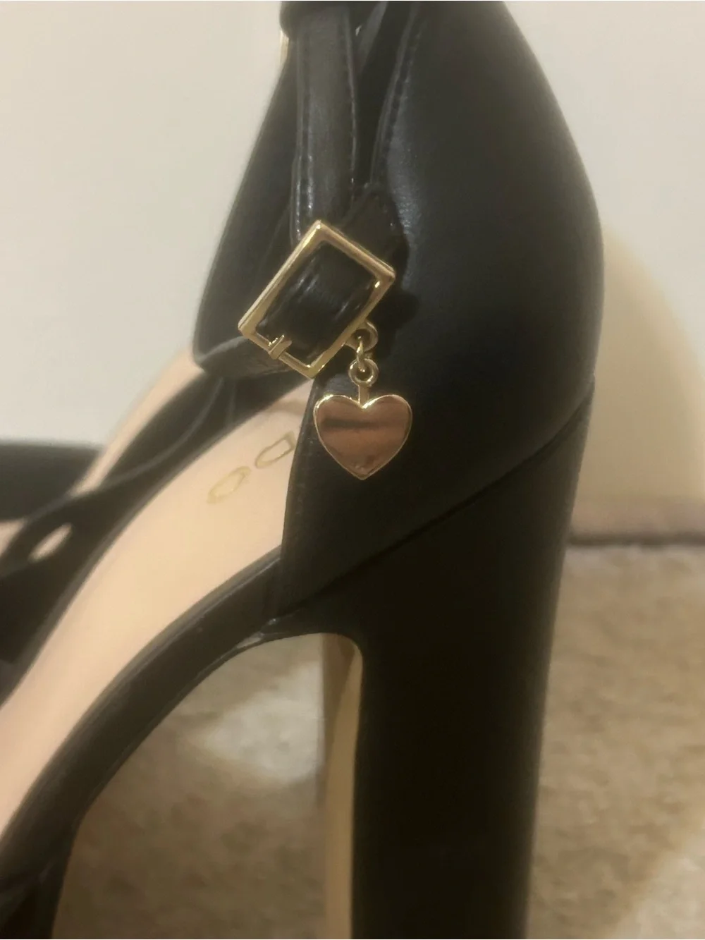 Aldo Black Platform Ankle-Strap Pumps with Gold Heart Charm